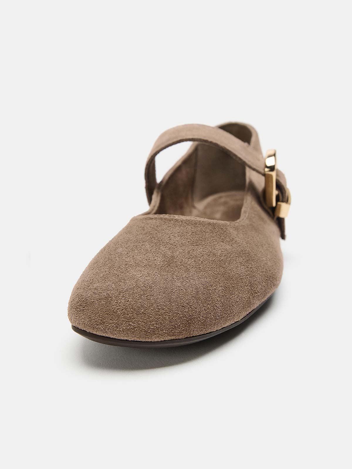 Taupe Faux Suede Round-Toe Buckle Middle Strap Slip-On Ballet Chic Flats