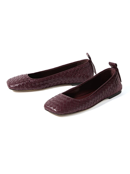 Mahogany Woven Vegan Leather Square-Toe Classic Slip-On Ballet Flats