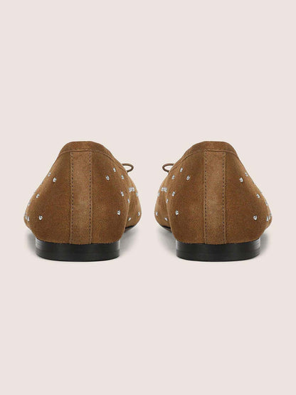 Brown Faux Suede Square-Toe Front Bow Studded Chic Ballet Flats