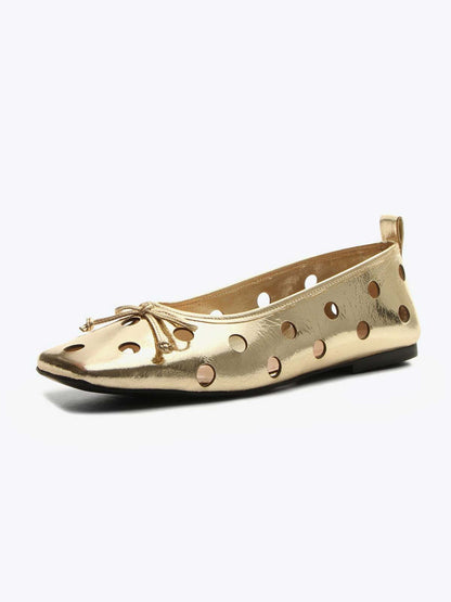 Metallic Gold Square-Toe Front Bow Cutout Slip-On Ballet Flats