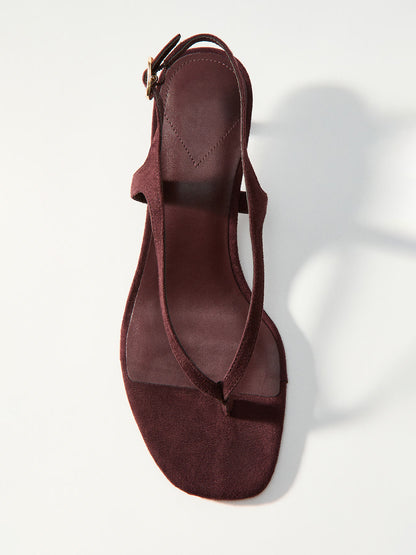 Burgundy Faux Suede Square-Toe Flip-Flop Slingback Kitten Heels