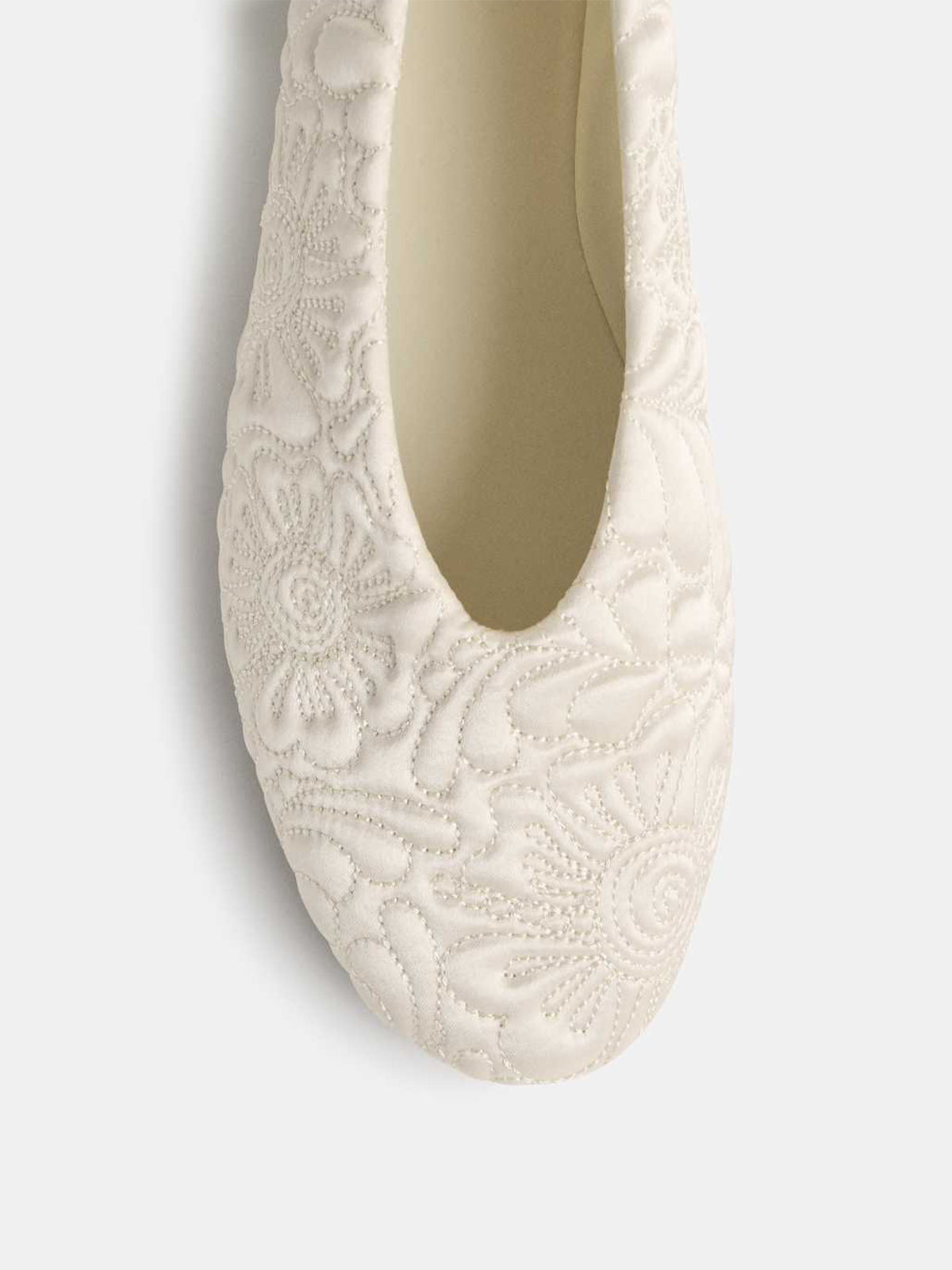 Ivory Satin Round-Toe Flowers Stitch Slip-On Ballet Flats