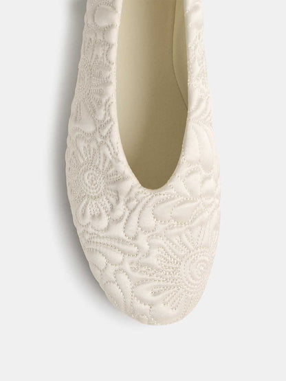 Ivory Satin Round-Toe Flowers Stitch Slip-On Ballet Flats