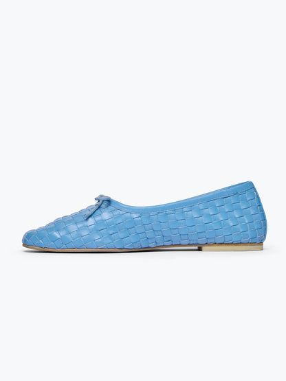 Woven Vegan Leather Square-Toe Front Bow Slip-On Ballet Flats - Blue