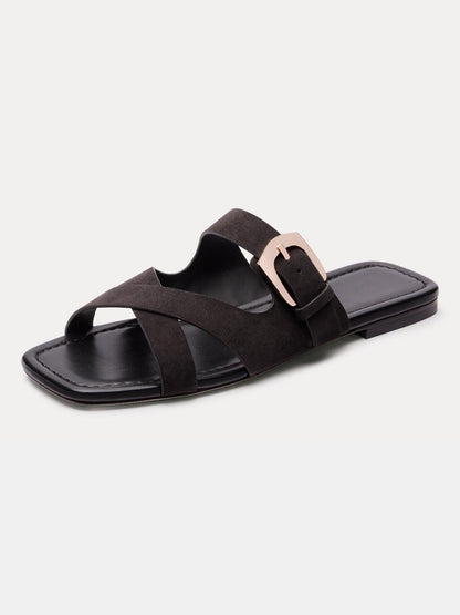 Dark Gray Faux Suede Square-Toe Slip-On Buckle Slide Sandal Flats