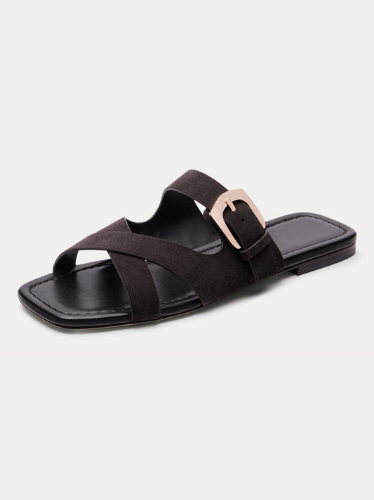 Dark Gray Faux Suede Square-Toe Slip-On Buckle Slide Sandal Flats