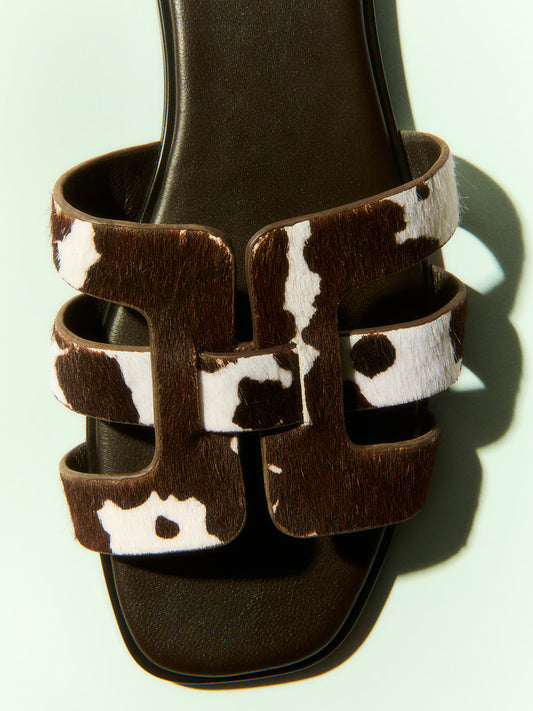 Cow Pattern Pony Hair Vegan Leather Square-Toe Backless Slip-On Sandals
