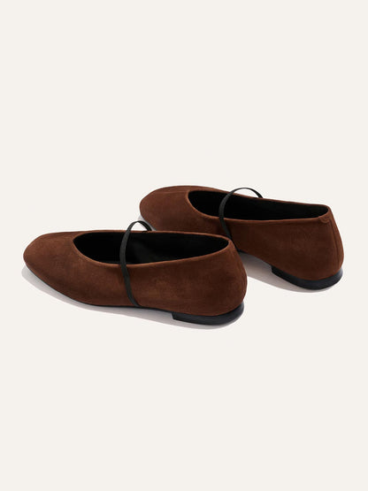 Mary Jane Square-Toe Slip-On Chic Ballet Flats - Brown Faux Suede