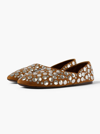 Studs Slip-On Round-Toe Simple Ballet Flats - Tan Faux Suede