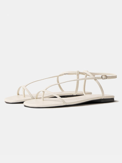 White Square-Toe Back And Ankle Strap Flats Sandals