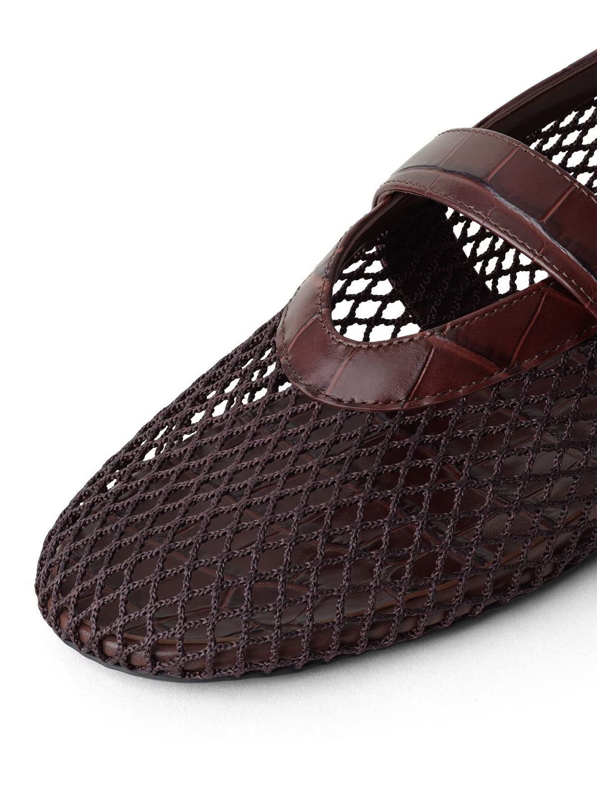 Dark Brown Mesh And Crocodile Pattern Vegan Leather Round-Toe Mary Jane Ballet Flats