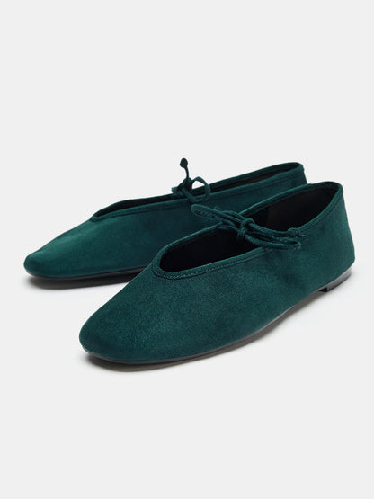Dark Green Faux Suede Square-Toe Middle Strap Ballet Flats