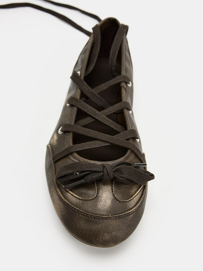 Brown Round-Toe Front Bow And Lace-Up Sporty Ballet Flats