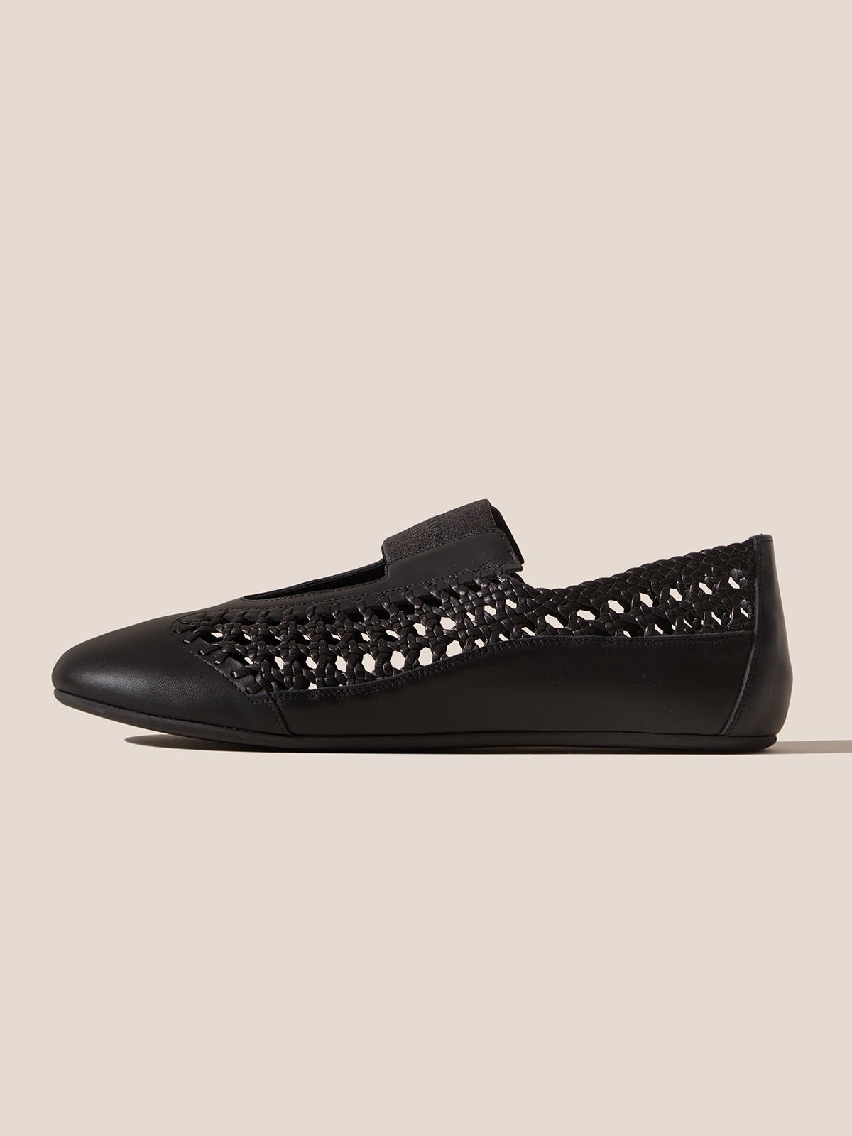 Black Woven Vegan Leather Round-Toe Chic Mary Jane Flats