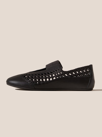 Black Woven Vegan Leather Round-Toe Chic Mary Jane Flats