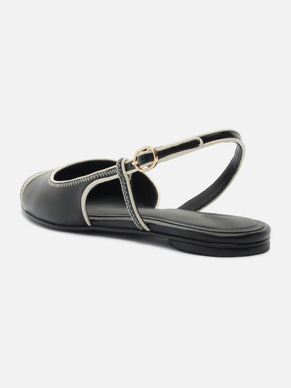 Black Round-Toe Buckle Back Strap Chic Slip-On Flats