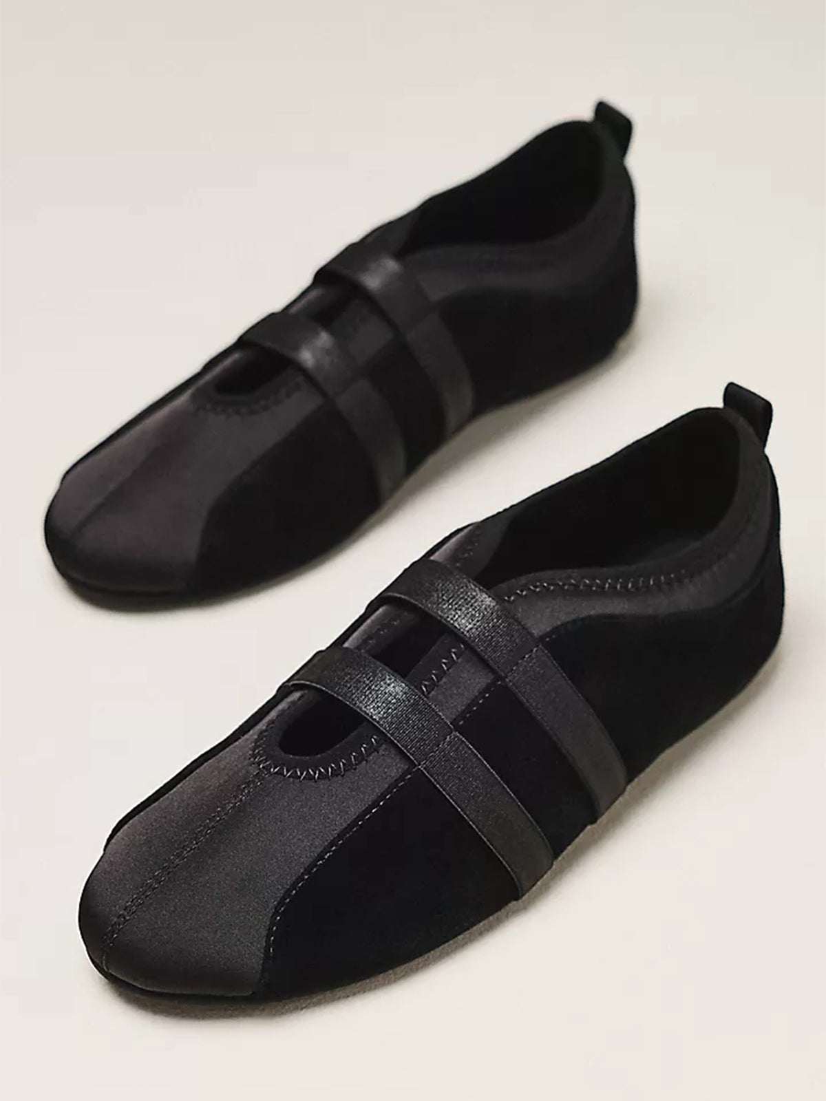 Black Faux Suede And Satin Round-Toe Double Middle Strap Sporty Ballet Sneakers