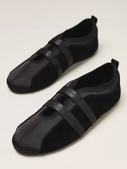 Black Faux Suede And Satin Round-Toe Double Middle Strap Sporty Ballet Sneakers