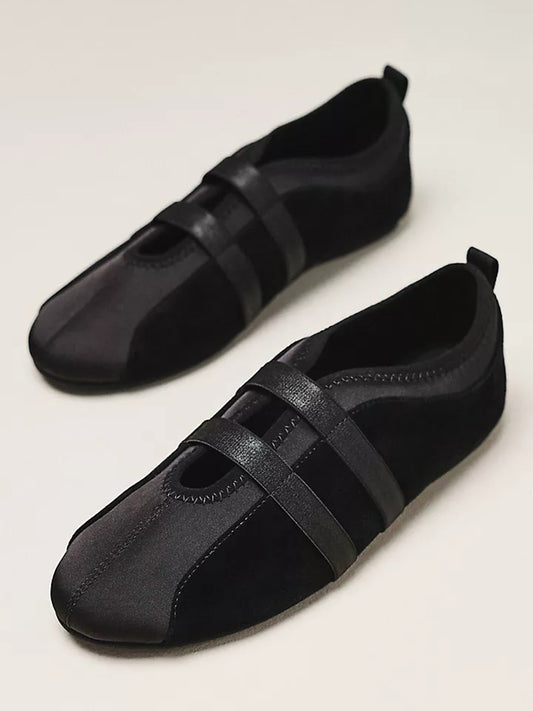 Black Faux Suede And Satin Round-Toe Double Middle Strap Sporty Ballet Sneakers