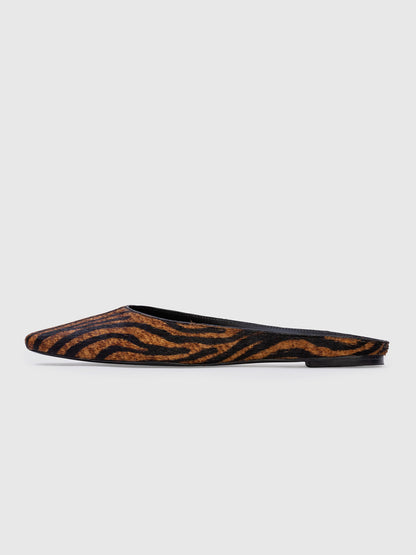 Brown Zebra Pattern Pony Hair Vegan Leather Square-Toe Backless Flats