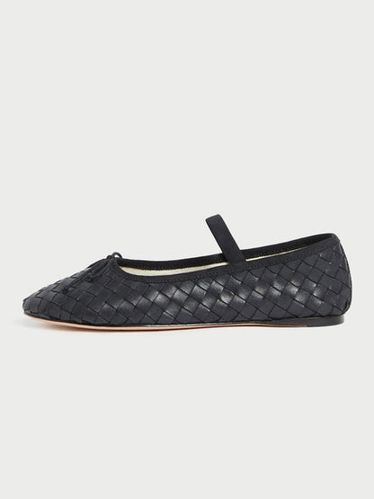 Black Woven Vegan Leather Round-Toe Front Bow And Middle Strap Ballet Flats