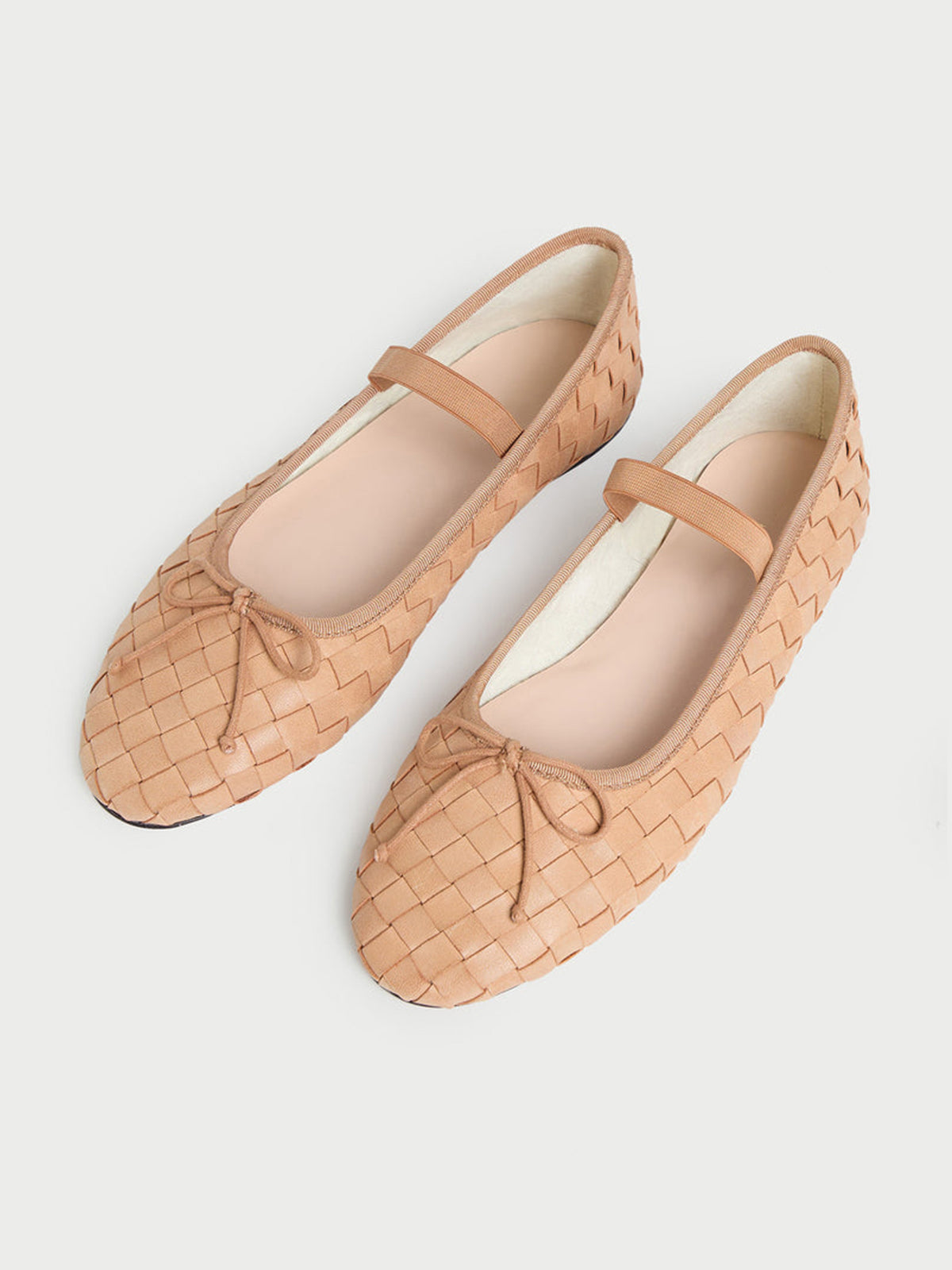 Beige Woven Vegan Leather Round-Toe Front Bow And Middle Strap Ballet Flats