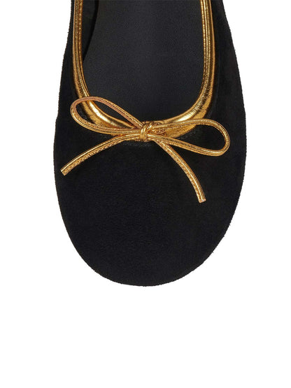 Chic Round-Toe Front Bow Slip-On Ballet Flats - Black Faux Suede