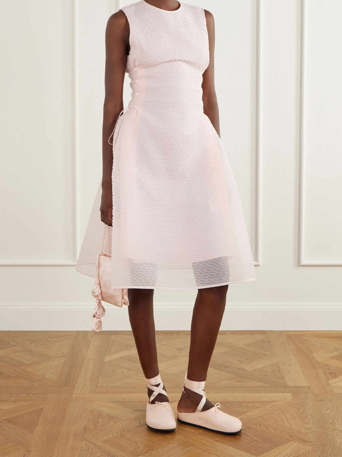 Cream Square-Toe Front Bow Backless And Ankle Strap Flats