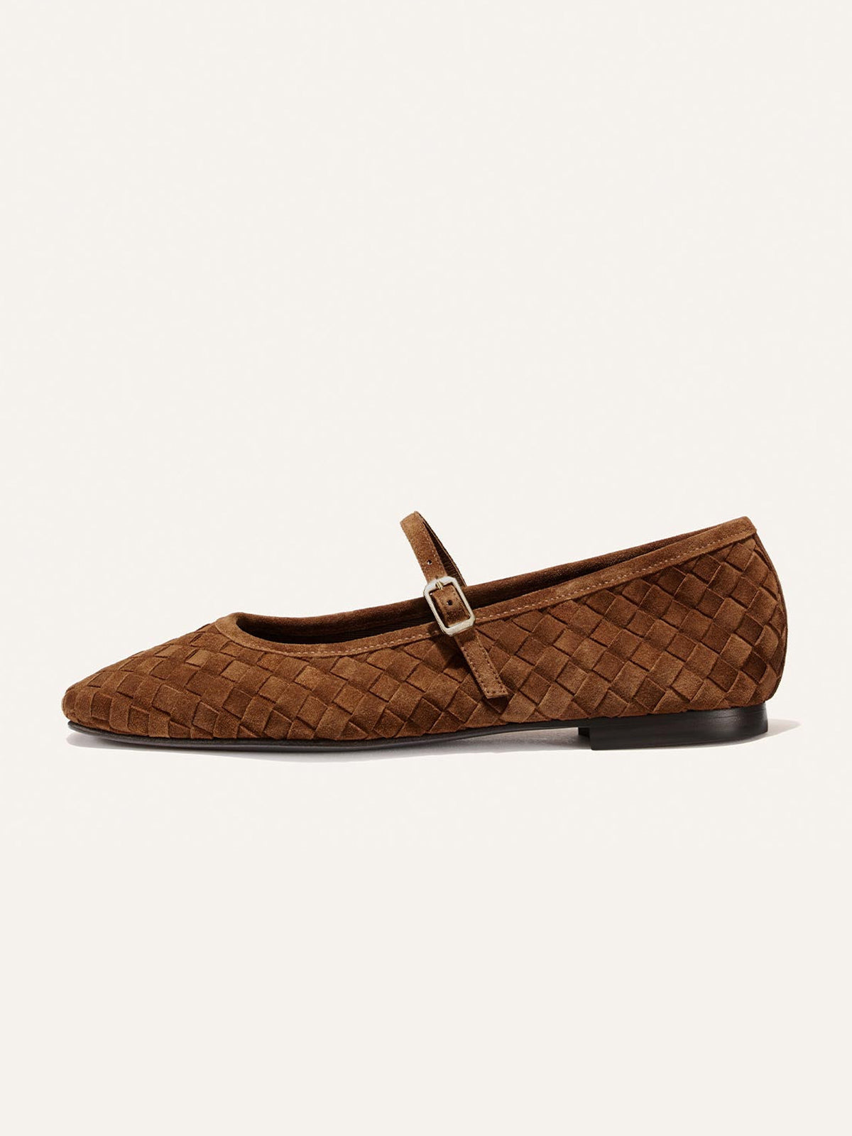 Brown Woven Faux Suede Square-Toe Mary Jane Chic Ballet Flats