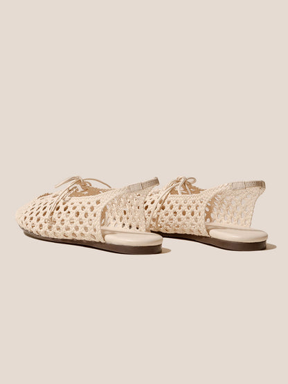 Ivory Woven Vegan Leather Round-Toe Lace-Up And Slingback Flats Sandals