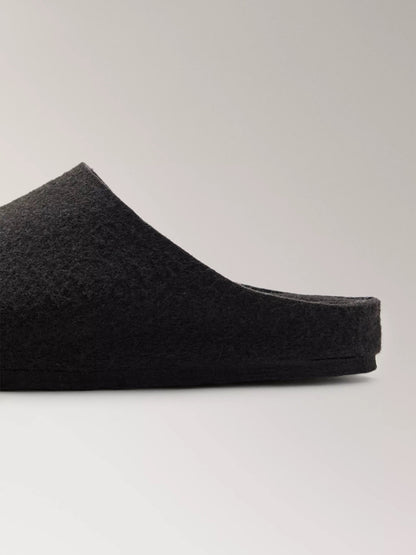 Black Plush Square-Toe Backless Simple Flats Slippers