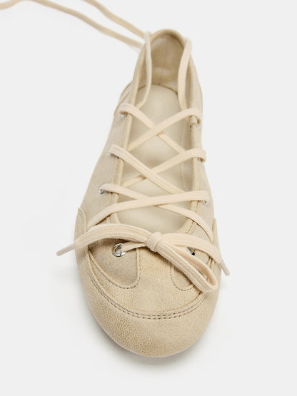 Beige  Round-Toe Front Bow And Lace-Up Sporty Ballet Flats