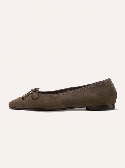 Front Bow Square-Toe Slip-On Chic Ballet Flats - Cognac Faux Suede
