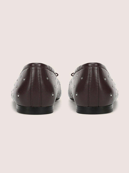 Dark Coffee Square-Toe Front Bow Studded Chic Ballet Flats