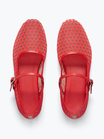 Chic Square-Toe Mary Jane Slip-On Ballet Flats - Red Mesh