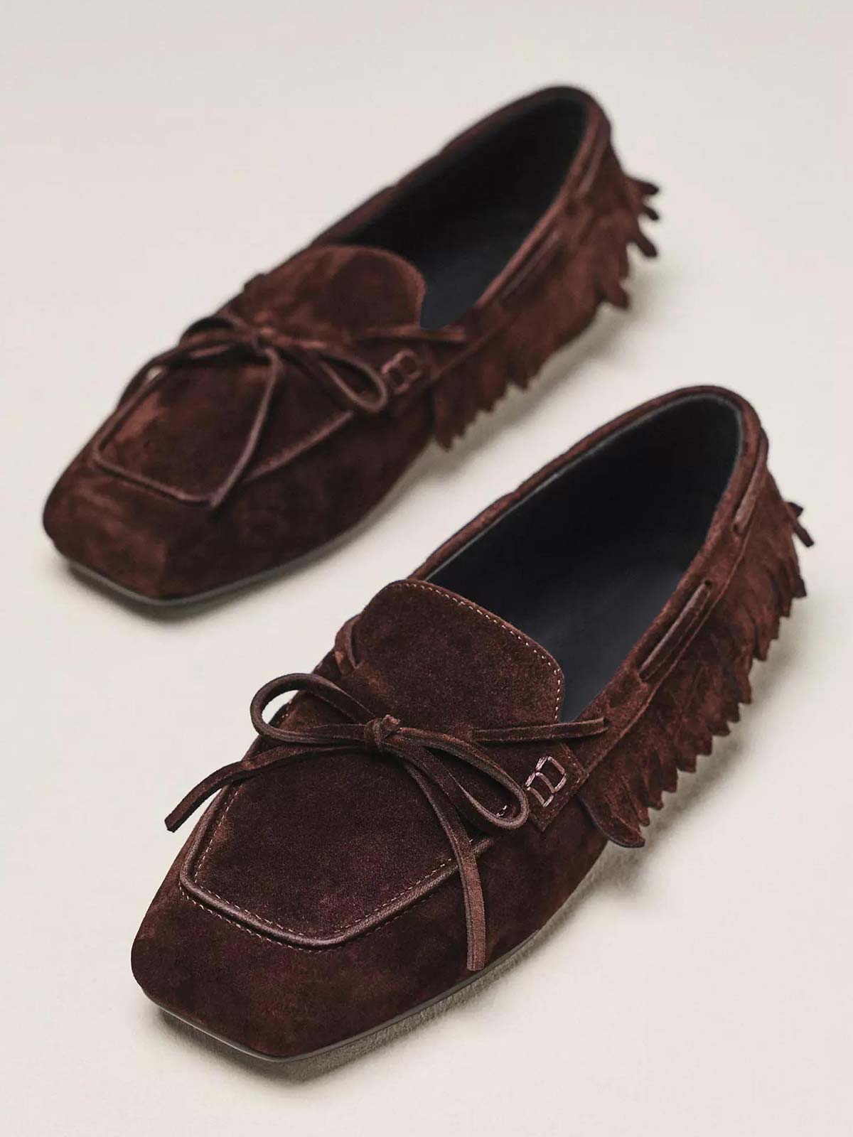 Brown Cow Suede Square-Toe Front Bow Side Fringe Slip-On Flats