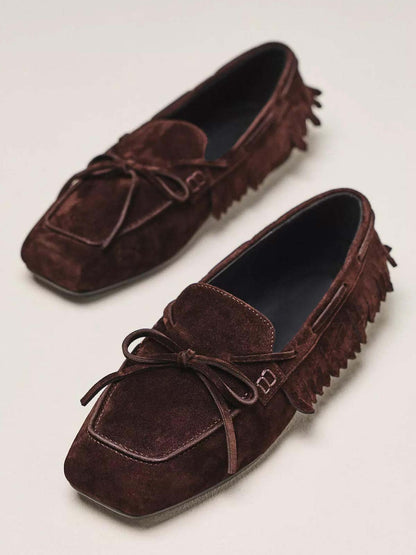 Brown Cow Suede Square-Toe Front Bow Side Fringe Slip-On Flats