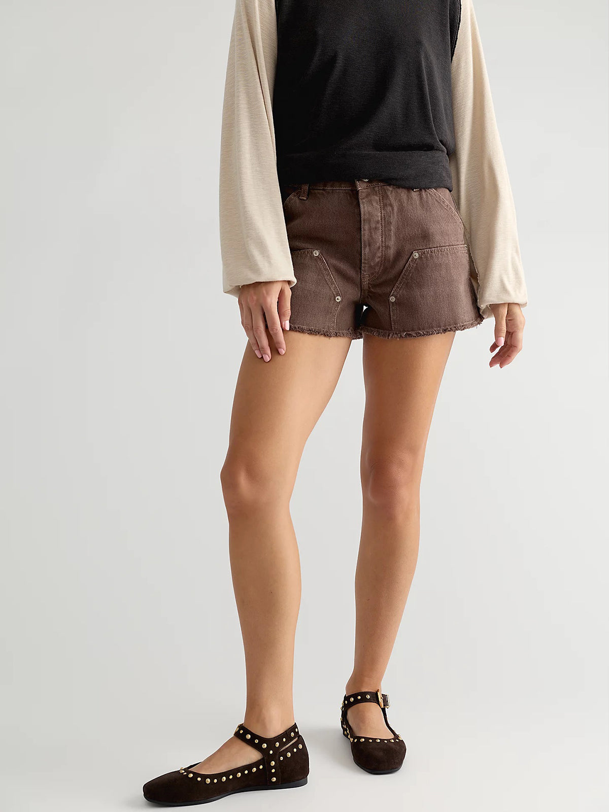 Coffee Faux Suede Square-Toe Studs And Buckle Mary Jane Chic Flats
