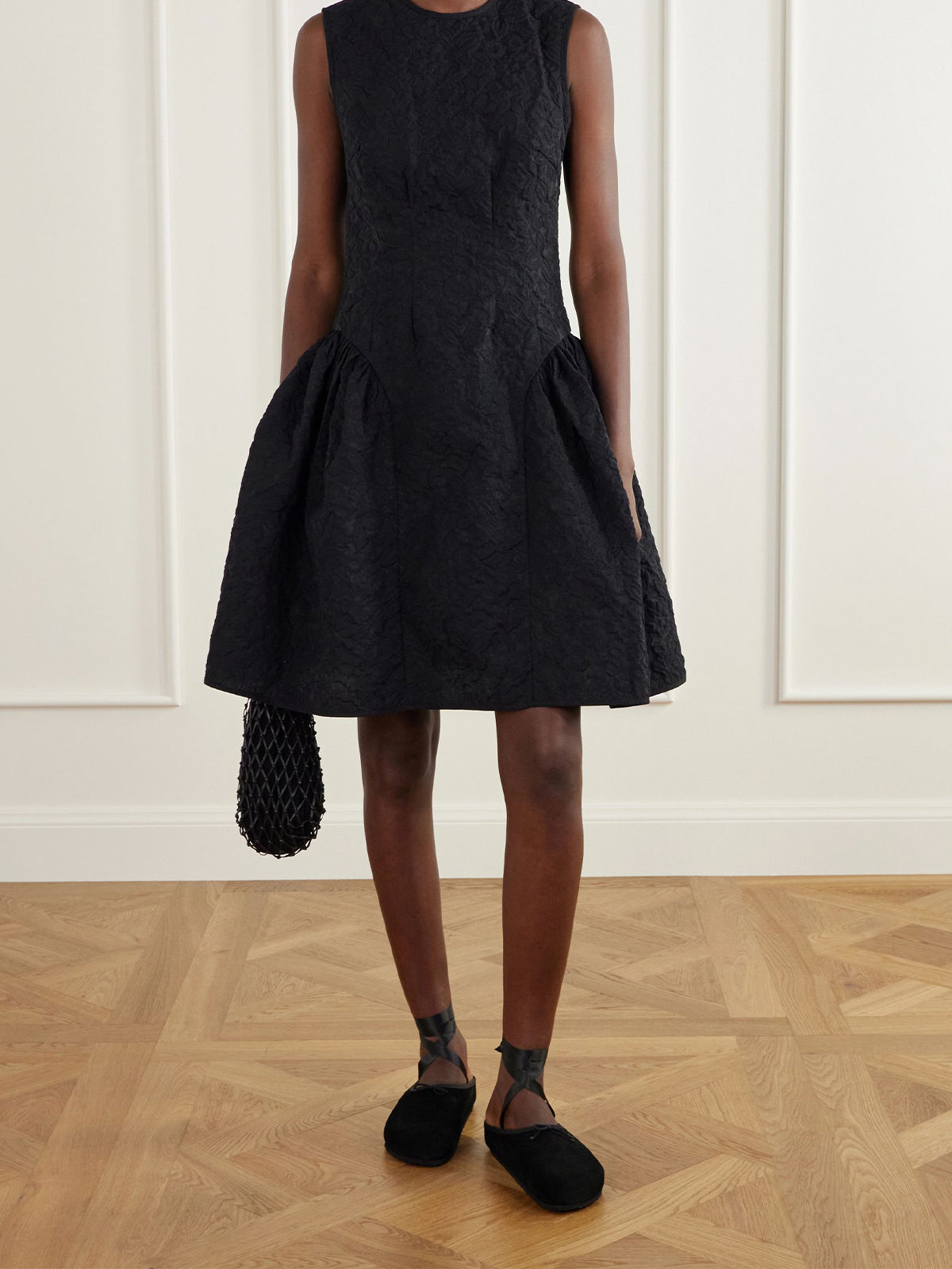 Black Faux Suede Square-Toe Front Bow Backless And Ankle Strap Flats