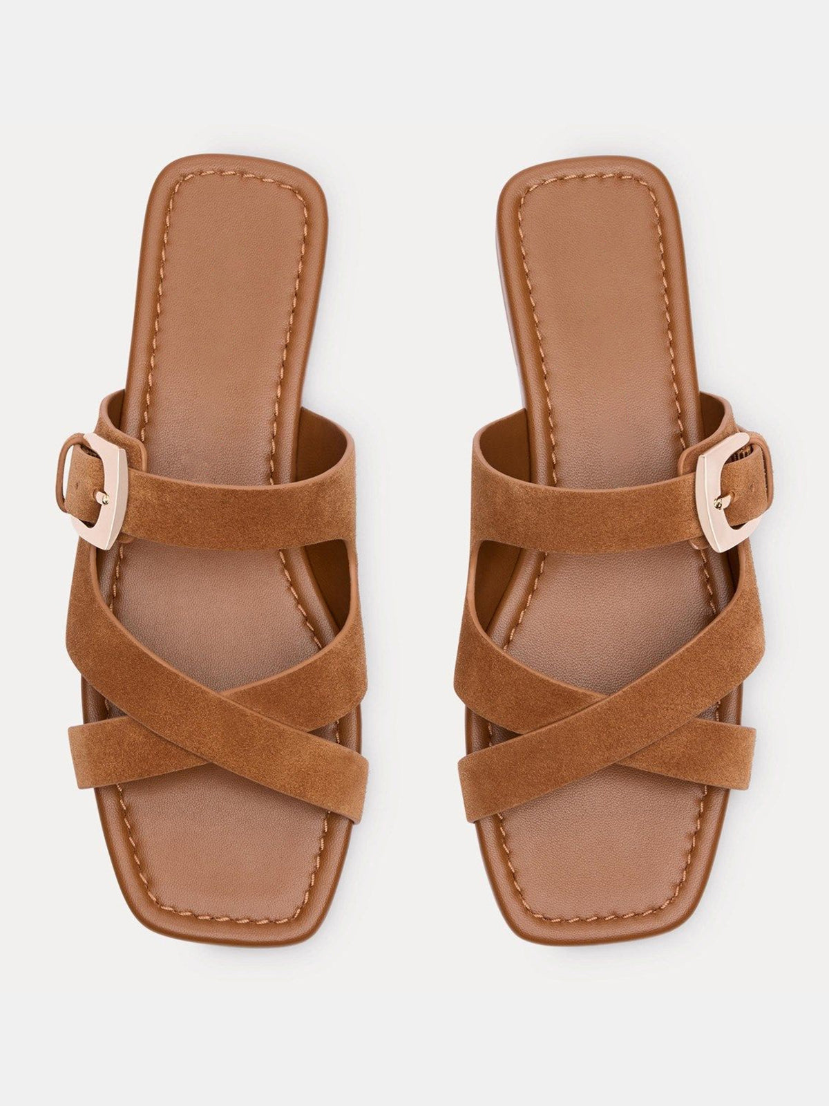 Brown Faux Suede Square-Toe Slip-On Buckle Slide Sandal Flats