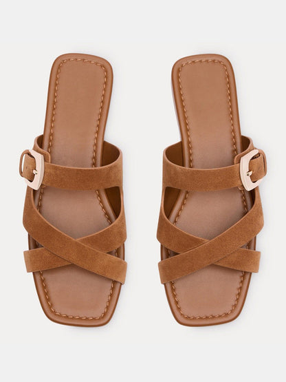 Brown Faux Suede Square-Toe Slip-On Buckle Slide Sandal Flats