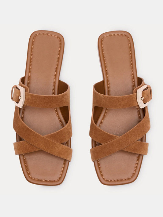 Brown Faux Suede Square-Toe Slip-On Buckle Slide Sandal Flats