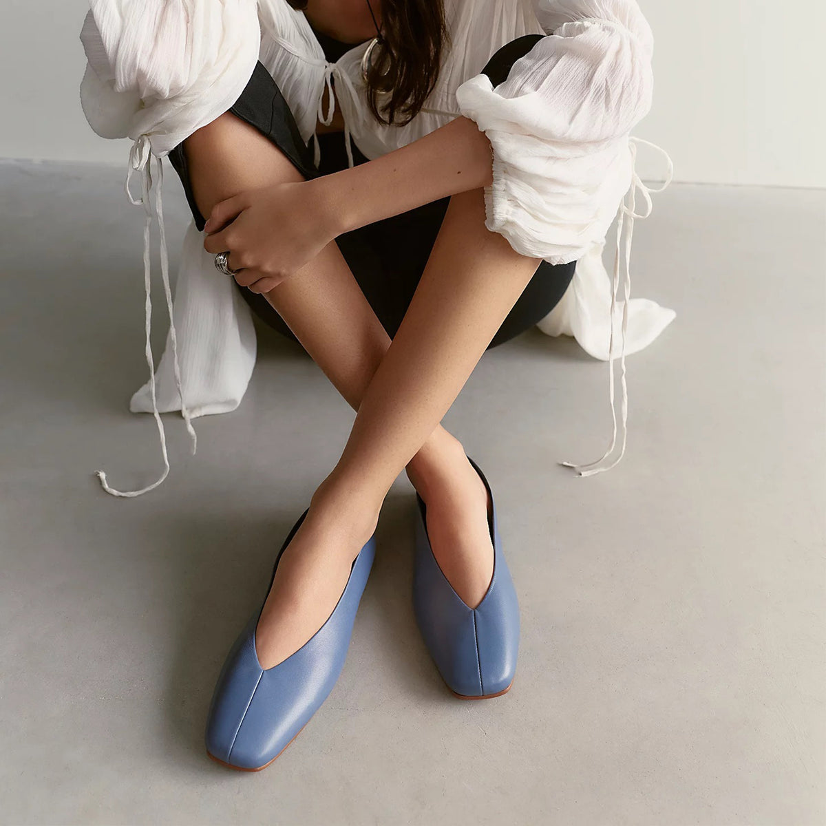 Vegan Leather Square-Toe Slip-On Ballet Flats - Dark Blue