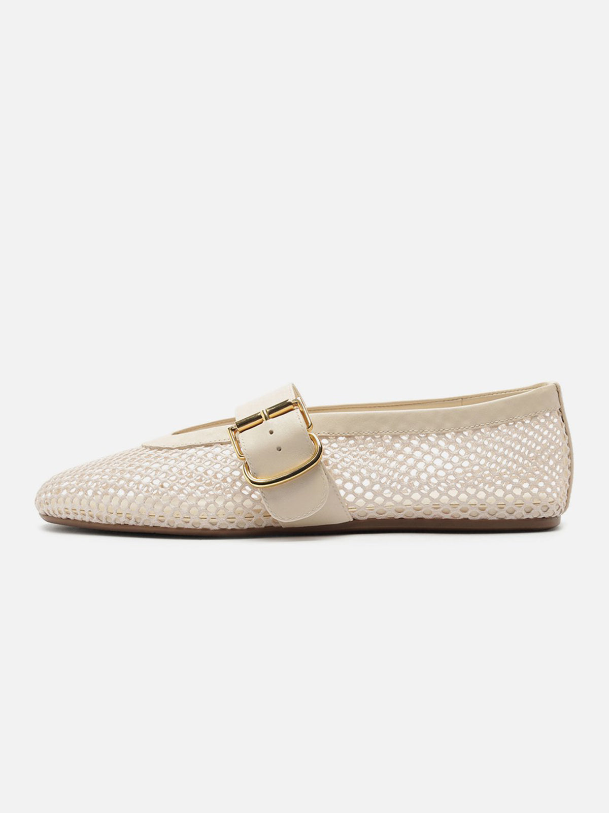 Ivory Mesh Round-Toe Buckle Wide Strap Slip-On Ballet Flats