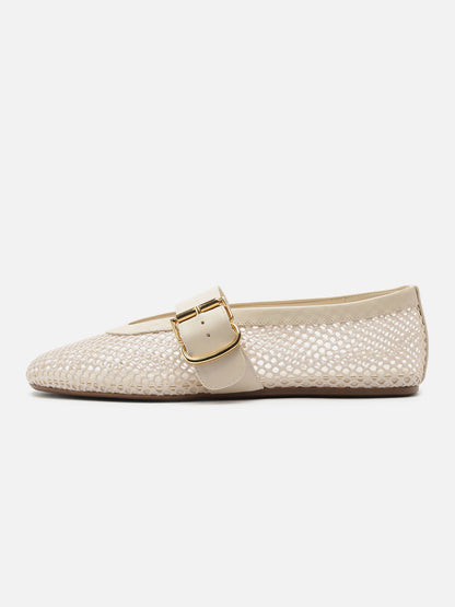 Ivory Mesh Round-Toe Buckle Wide Strap Slip-On Ballet Flats