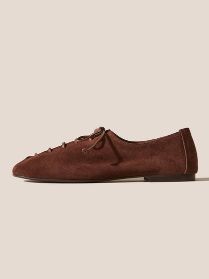Coffee Faux Suede Square-Toe Chic Slip-On Flats With Lace-Up