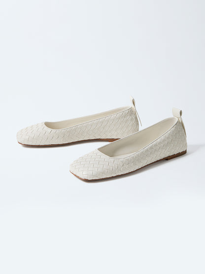 Ivory Woven Vegan Leather Square-Toe Classic Slip-On Ballet Flats
