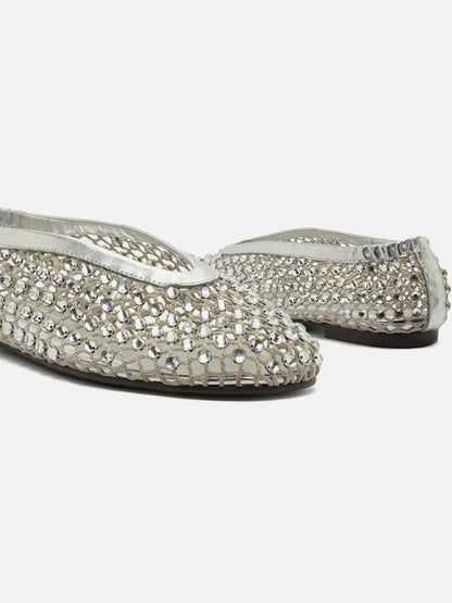 Silver Rhinestone Mesh Round-Toe Slip-On Ballet Flats