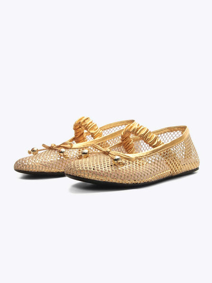 Metallic Gold Mesh Round-Toe Front Bow And Elastic Mary Jane Ballet Flats
