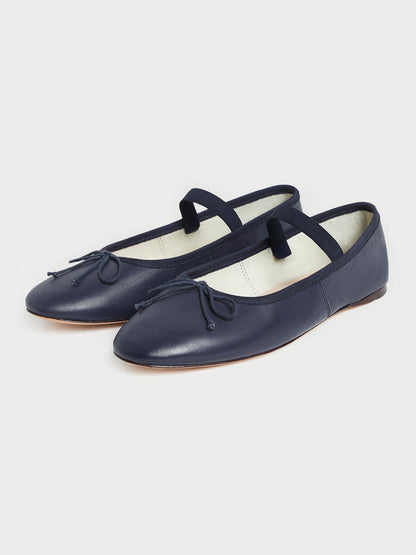 Navy Vegan Leather Round-Toe Mary Jane Front Bow Ballet Flats
